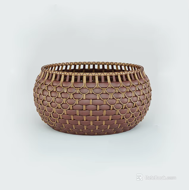 Handwoven Brown Rattan Storage Basket With Round Shape Textured Design For Home Organization 3d model 
