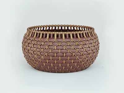Handwoven Brown Rattan Storage Basket With Round Shape Textured Design For Home Organization 3d model
