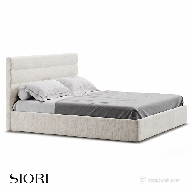 Modern Upholstered Double Bed With Gray Sheet And Two Pillows 3d model 