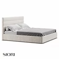 Modern Upholstered Double Bed With Gray Sheet And Two Pillows