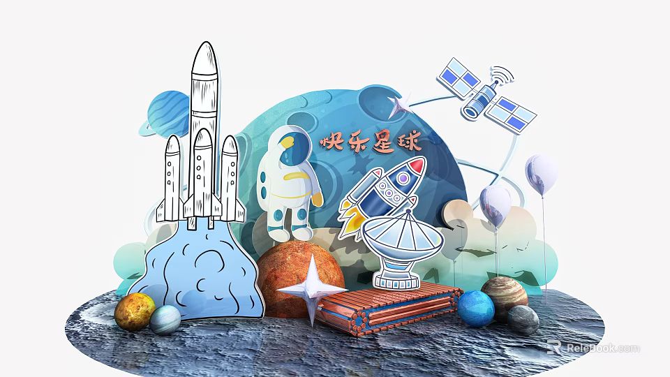 Happy Space Exploration With Rocket Astronaut Satellite Observatory And Planets 3d model 