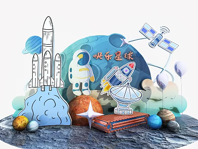 Happy Space Exploration With Rocket Astronaut Satellite Observatory And Planets 3d model