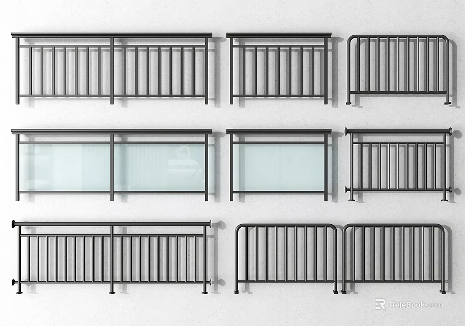 Various Modern Metal Railing Designs With Glass Panels And Solid Bars For Indoor Outdoor Spaces 3d model 