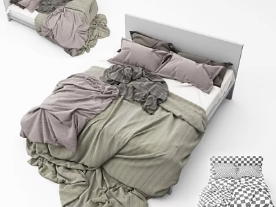 Modern Double Bed With Gray Green Bedspread Pillows And Minimalist Frame 3d model