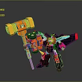 Red And Black Robot Character Holding Giant Orange Hammer With Wings