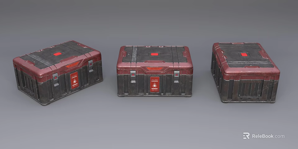 Three Red And Black Metallic Cases With Durable Design And Red Labels 3d model 