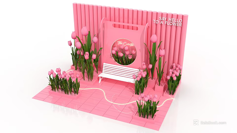 Pink Tulips In Vase With Decorative Floral Display And White Bench On Pink Background 3d model 
