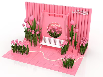 Pink Tulips In Vase With Decorative Floral Display And White Bench On Pink Background 3d model