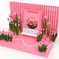 Pink Tulips In Vase With Decorative Floral Display And White Bench On Pink Background