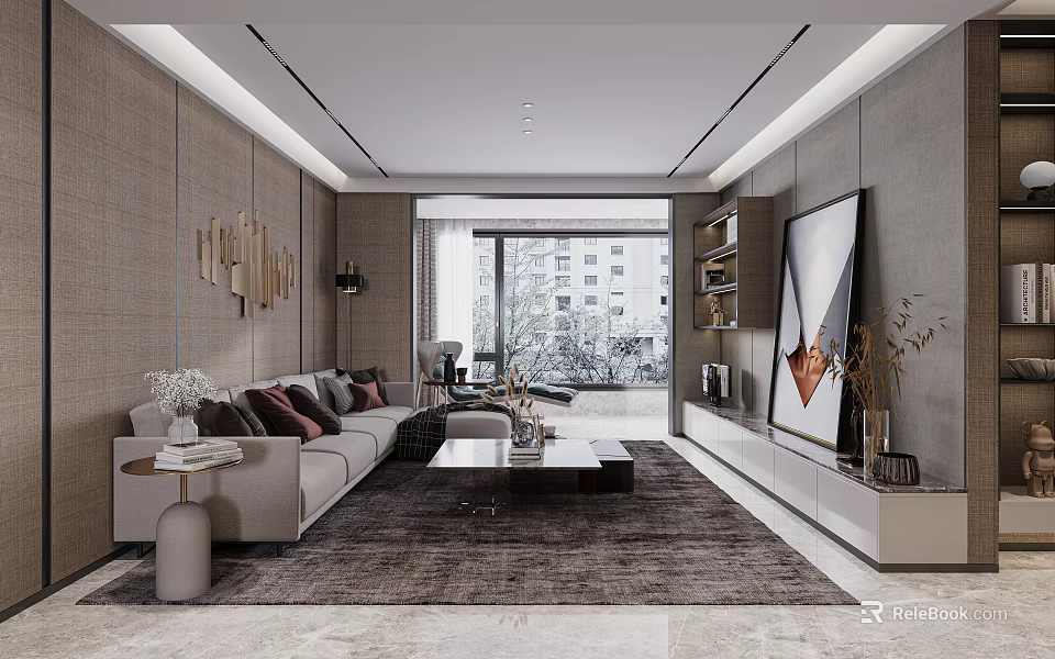Modern Minimalist Living And Dining Room Interior With Sofa Area Rug And Decorative Painting 3d model 
