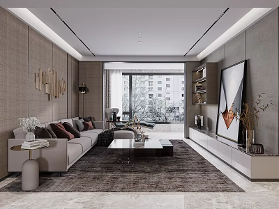 Modern Minimalist Living And Dining Room Interior With Sofa Area Rug And Decorative Painting 3d model