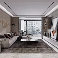 Modern Minimalist Living And Dining Room Interior With Sofa Area Rug And Decorative Painting
