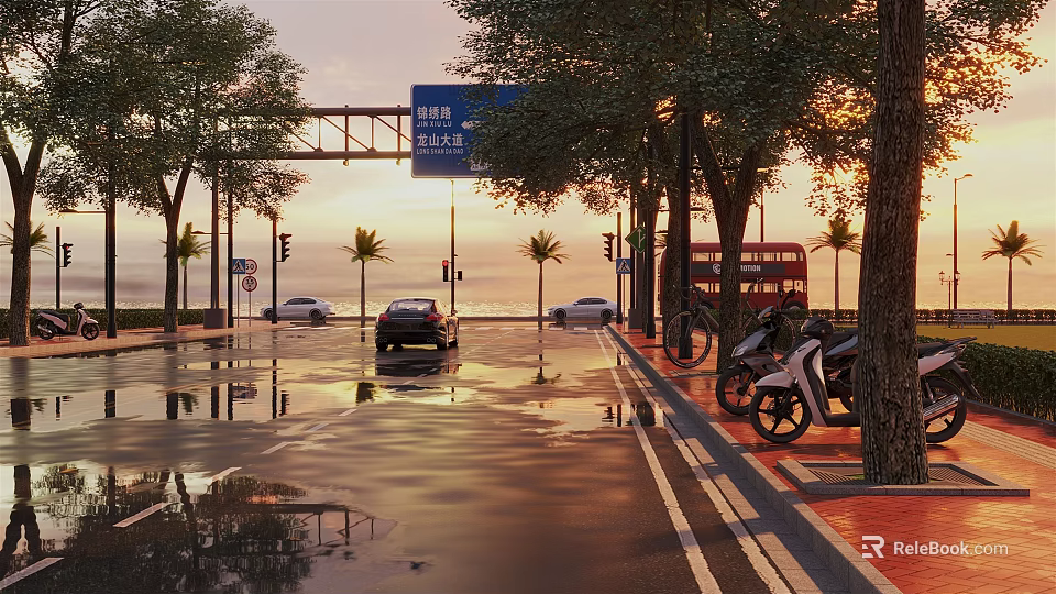 Urban Road Facilities With Traffic Signs Street Lamps Bicycles Parked Cars And Trees 3d model 