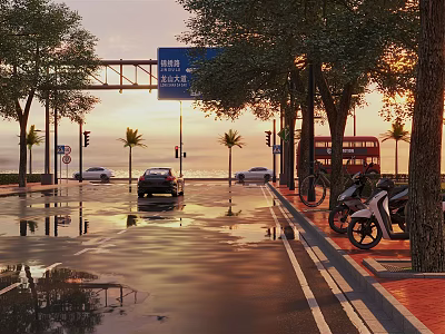 Urban Road Facilities With Traffic Signs Street Lamps Bicycles Parked Cars And Trees 3d model