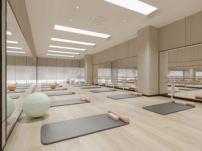 Spacious Bright Yoga Studio Interior With Yoga Mats Balls Mirrors And Wooden Floors 3d model