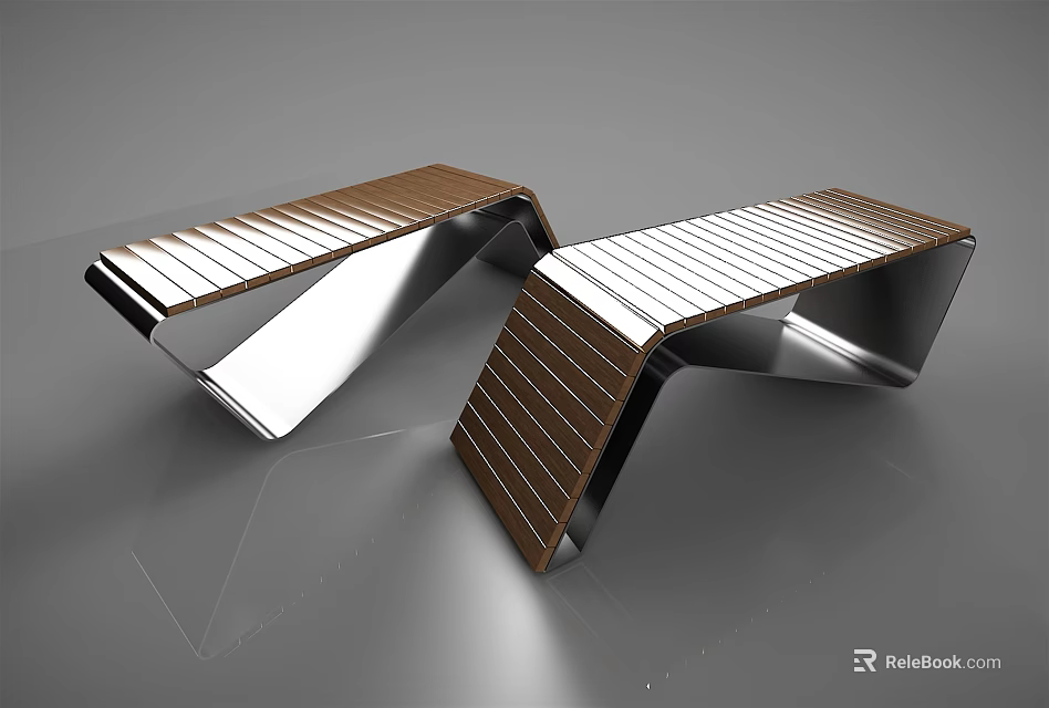Modern Outdoor Chair With Metal Frame And Striped Wooden Seat 3d model 