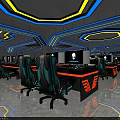 Modern Cyber Cafe Interior With Stylish Lighting Comfortable Gaming Chairs And High Performance Computers 3d model