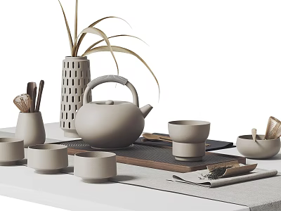 Minimalist Ceramic Tea Set With Teapot Cups Tray And Decorative Vase On White Table 3d model