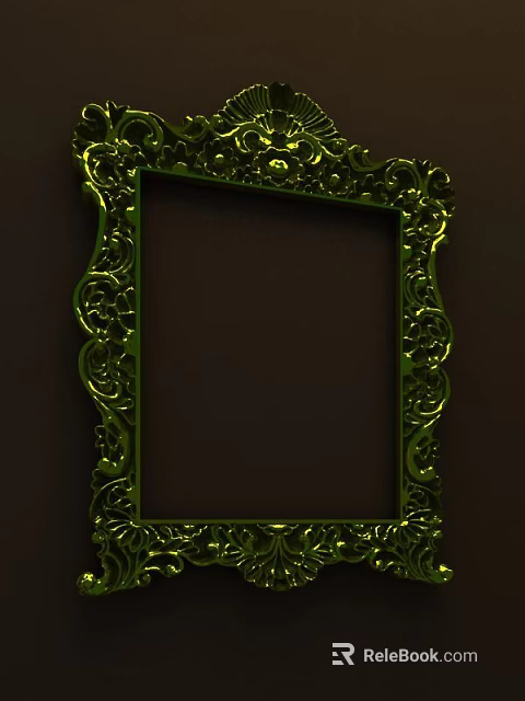 Green Ornate Picture Frame With Carved Floral Border On Dark Background 3d model 