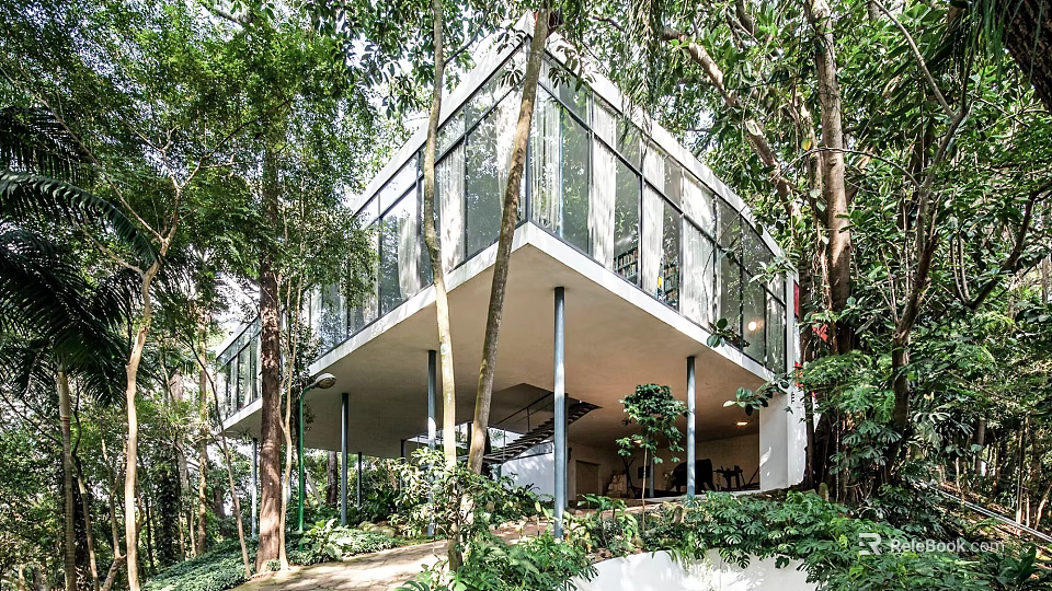 Modern Detached Villa With Glass Facade Surrounded by Lush Trees and Greenery 3d model 