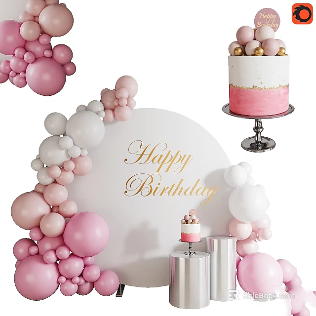 Elegant Birthday Decorations With Pink White Balloon Arch Gold Happy Birthday Lettering And Cake 3d model 