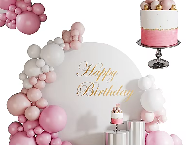 Elegant Birthday Decorations With Pink White Balloon Arch Gold Happy Birthday Lettering And Cake 3d model