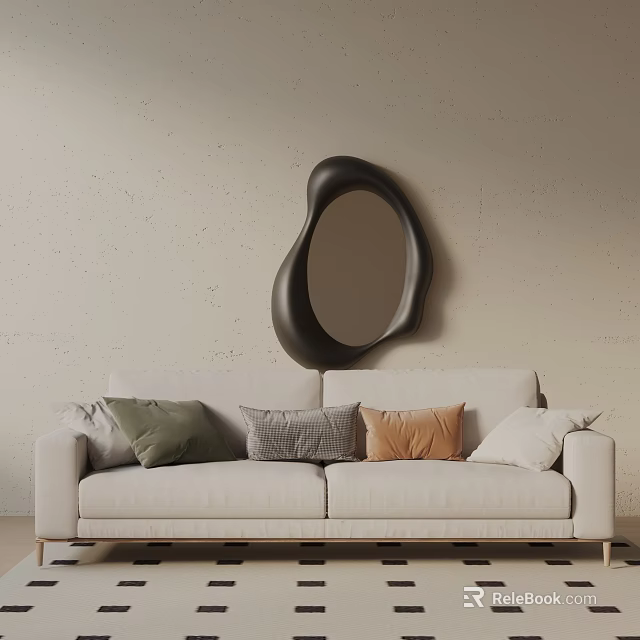 Three-seater Sofa With Light Beige Upholstery Green Gray Orange White Pillows And Black Irregular Mirror 3d model 