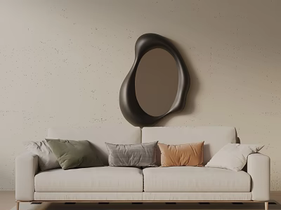 Three-seater Sofa With Light Beige Upholstery Green Gray Orange White Pillows And Black Irregular Mirror 3d model