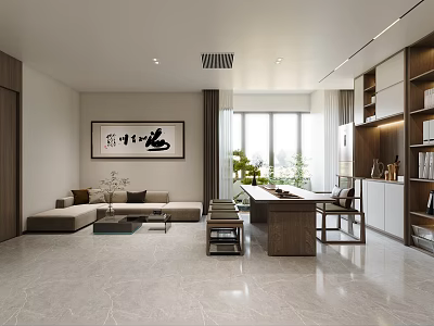 Modern Office Interior With Chinese Calligraphy Sofa Desk Bookshelf Windows Green Plants And Marble Floor 3d model