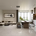 Modern Office Interior With Chinese Calligraphy Sofa Desk Bookshelf Windows Green Plants And Marble Floor