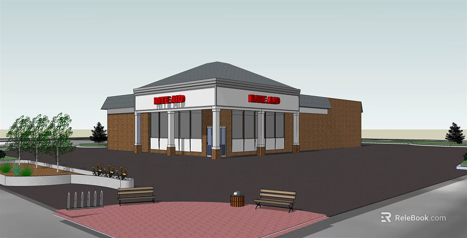 Commercial Complex Building Exterior With Red Signage Glass Windows And Benches 3d model 