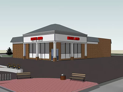 Commercial Complex Building Exterior With Red Signage Glass Windows And Benches 3d model