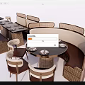 Modern Dining Table and Chair Set With Round Dark Tabletop Woven Seats and Booth Seating