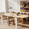 Modern Wooden Oval Dining Table Set With Six Chairs And Abstract Painting