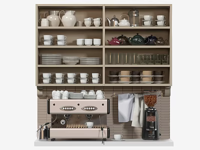 Organized Kitchenware Display On Shelves With Cups Teapots Pitchers Plates Glasses And Coffee Machine 3d model