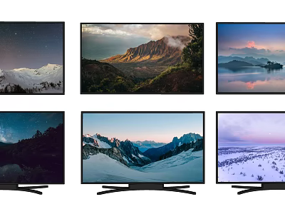 Multiple Televisions Showcasing Scenic Natural Landscapes With Mountain And Starry Sky Views 3d model