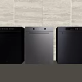 Modern Black Midea Kitchen Appliances Three Units Against Light Wall And Gray Countertop