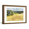 Framed Landscape Painting with Golden Wheat Field Green Trees and Blue Sky