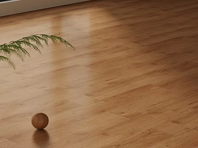 Natural Light Illuminating Clear Grain Wooden Flooring With Small Wooden Ball And Green Leaf 3d model