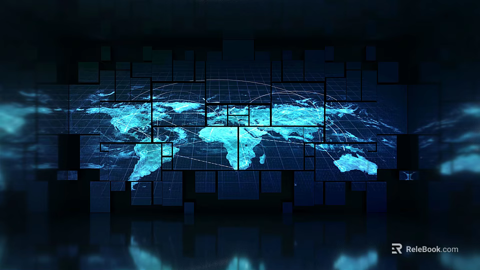 Computer Display Wall With Multiple Square Panels Showing Blue World Map And Grid Lines 3d model 