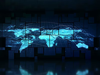 Computer Display Wall With Multiple Square Panels Showing Blue World Map And Grid Lines 3d model
