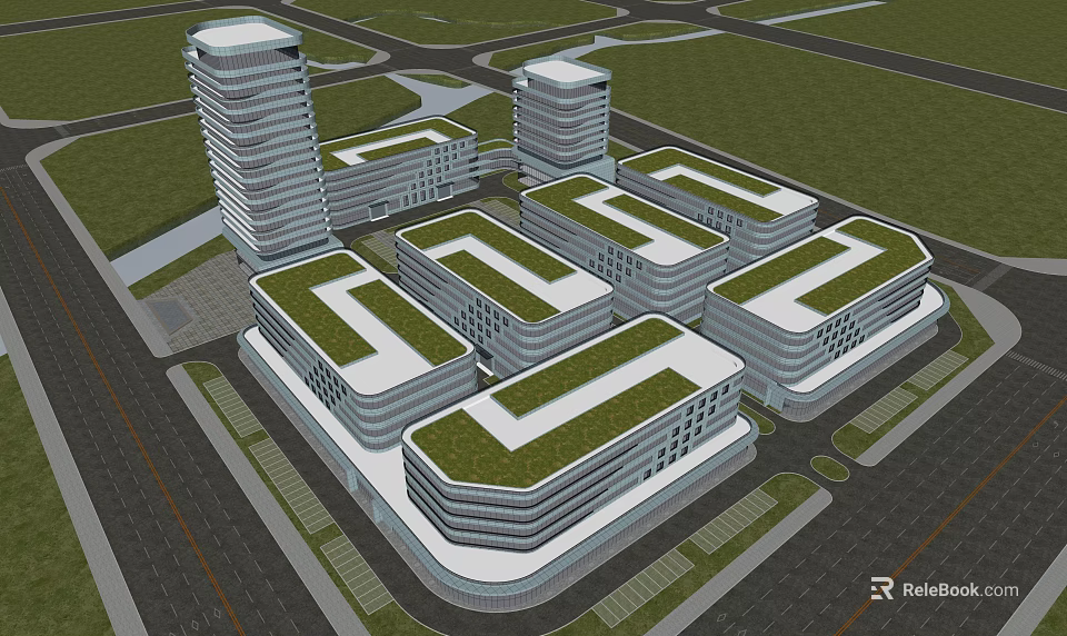 Modern Office Building Complex With Green Roofs And Geometric Architectural Design 3d model 
