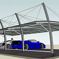 Modern Carport Structure With Metal Frame Transparent Roof And White Sports Car