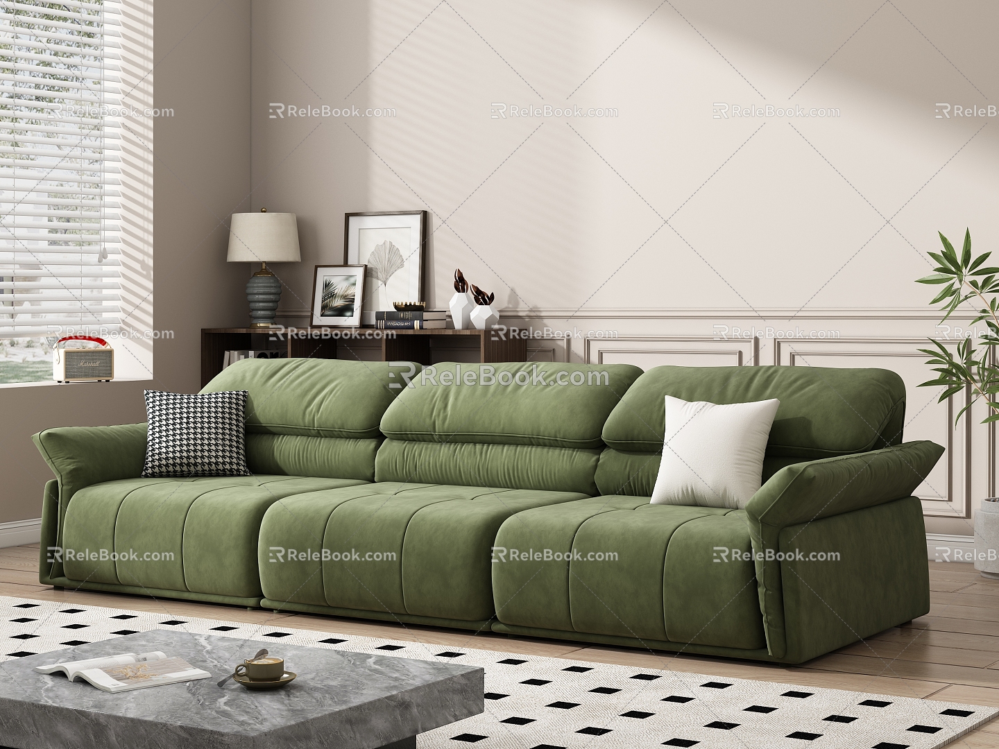 Simple Home Living Room Sofa Coffee Table Combination Fabric Sofa Locker Green Plant Ornaments Books and Magazines 3d model