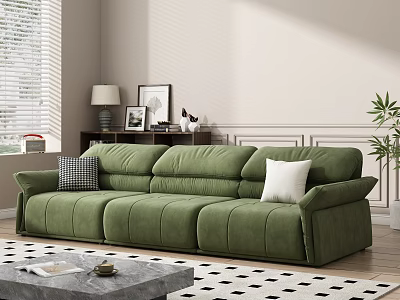 Modern Living Room Interior Design With Green Sofa Gray Coffee Table And Checkered Rug 3d model