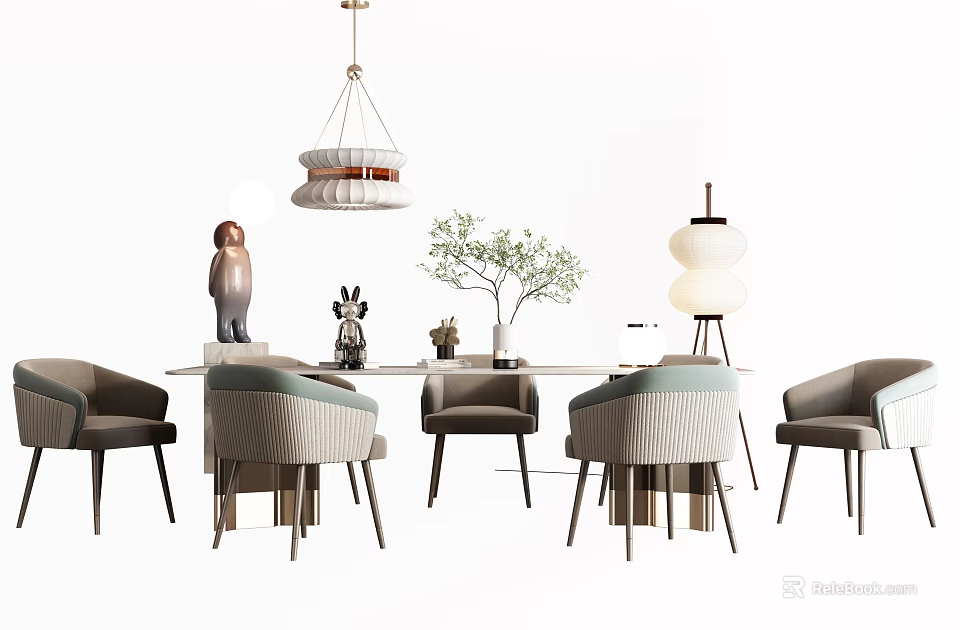 Modern Dining Table Set with Upholstered Chairs Pendant Light and Green Plant Decor 3d model 