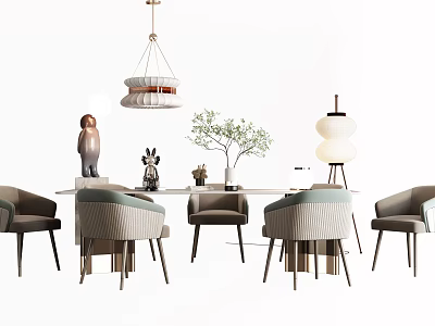 Modern Dining Table Set with Upholstered Chairs Pendant Light and Green Plant Decor 3d model