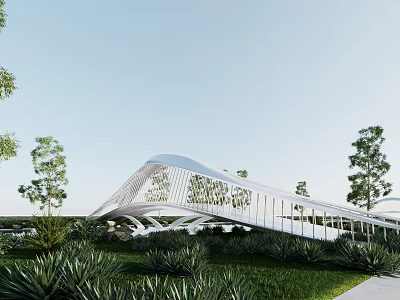 Modern White Curved Landscape Bridge Surrounded By Green Trees And Grass 3d model