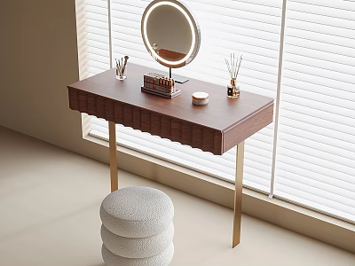 Modern Wooden Dressing Table With Round Mirror Cosmetics And Gold Metal Stool 3d model