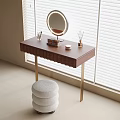 Modern Wooden Dressing Table With Round Mirror Cosmetics And Gold Metal Stool